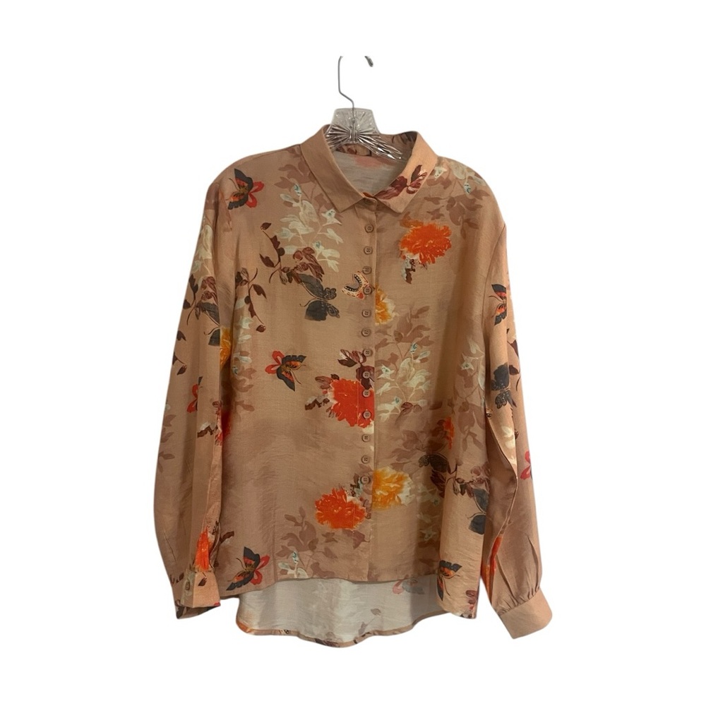 Floral Button-Up Blouse - Orange and Brown